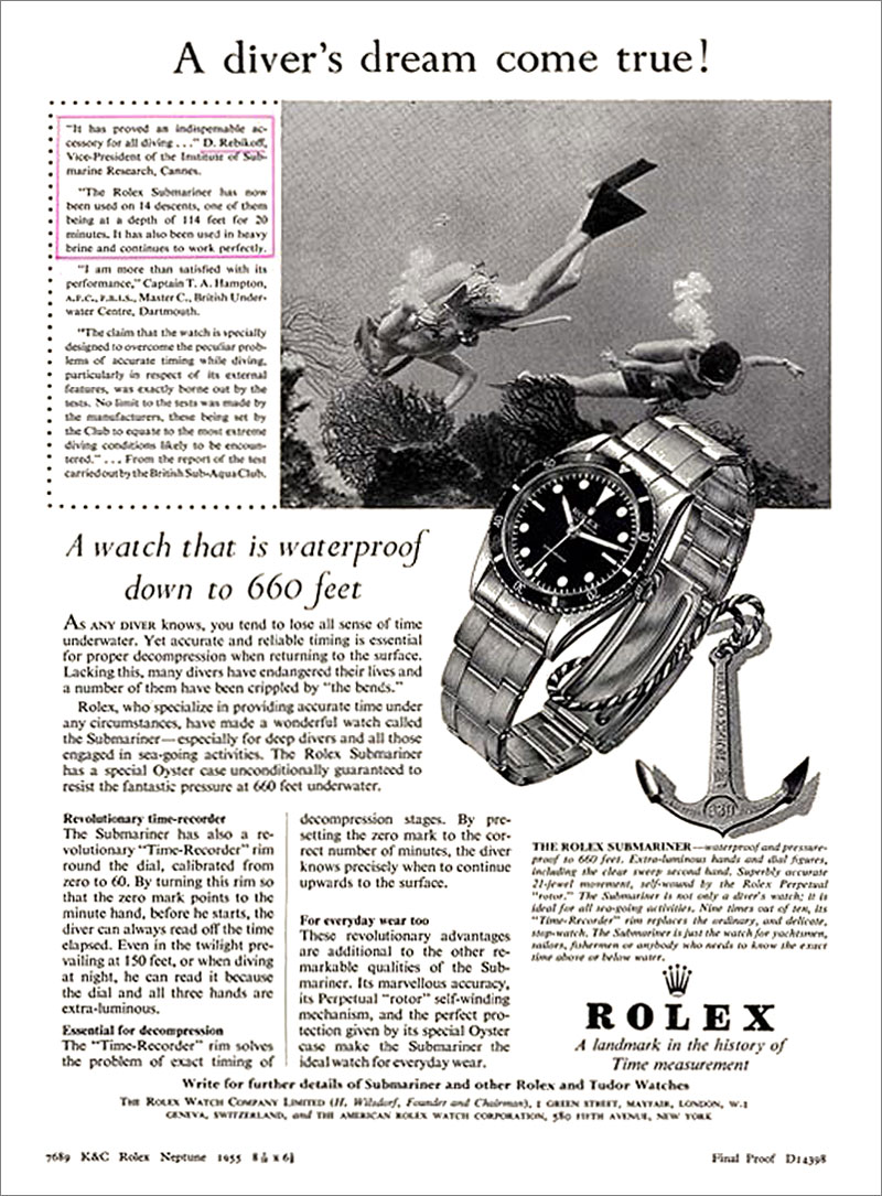 ... real diving tool watch as seen in the 1955 rolex magazine ad below