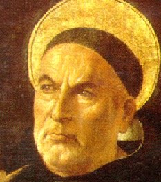Saint Thomas d'Aquin, docteur angélique : commentateur d'Aristote, auteur de la Somme théologique.