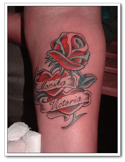 Letter and Rose Tattoo Combination With Heart Tattoo Designs