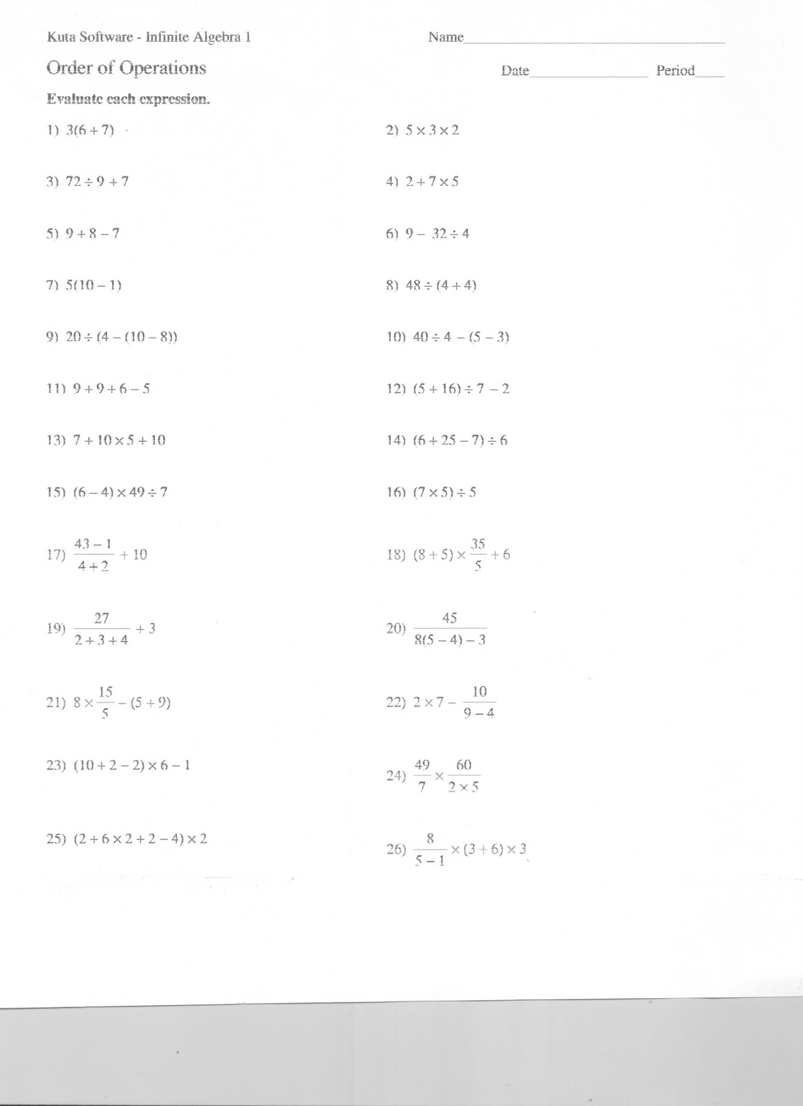Evaluating algebraic expressions 6th grade picture