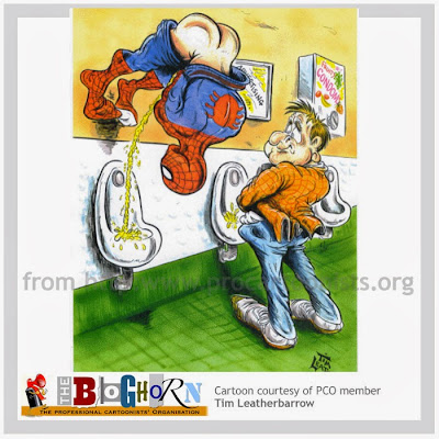 Bloghorn Tim Leatherbarrow cartoon Spiderman in the loo