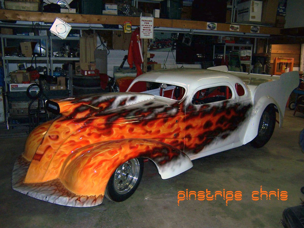 real flame paint on drag race rod | pinstripe chris