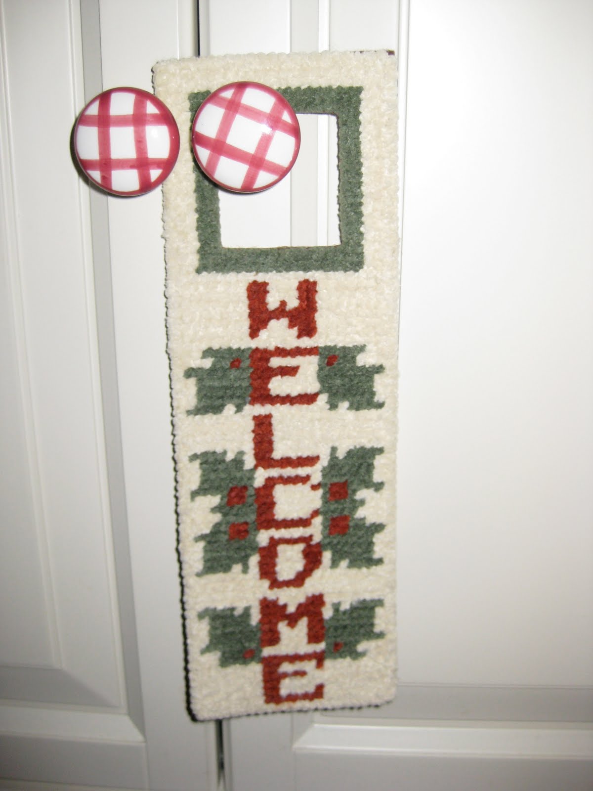 Within My Means: Welcome Sign Doorknob Hanger in Needlepoint-Plastic Canvas