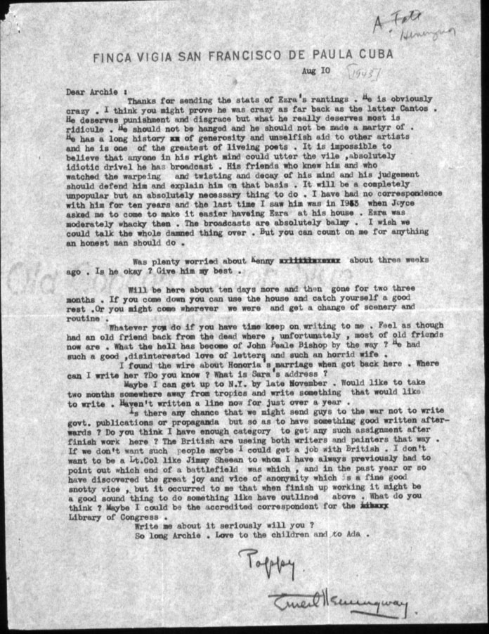 Hemingway Letter, from Library of Congress' American Memory Project