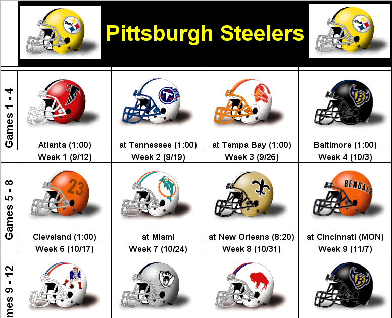2010 Pittsburgh Steelers Printable Helmet Schedule