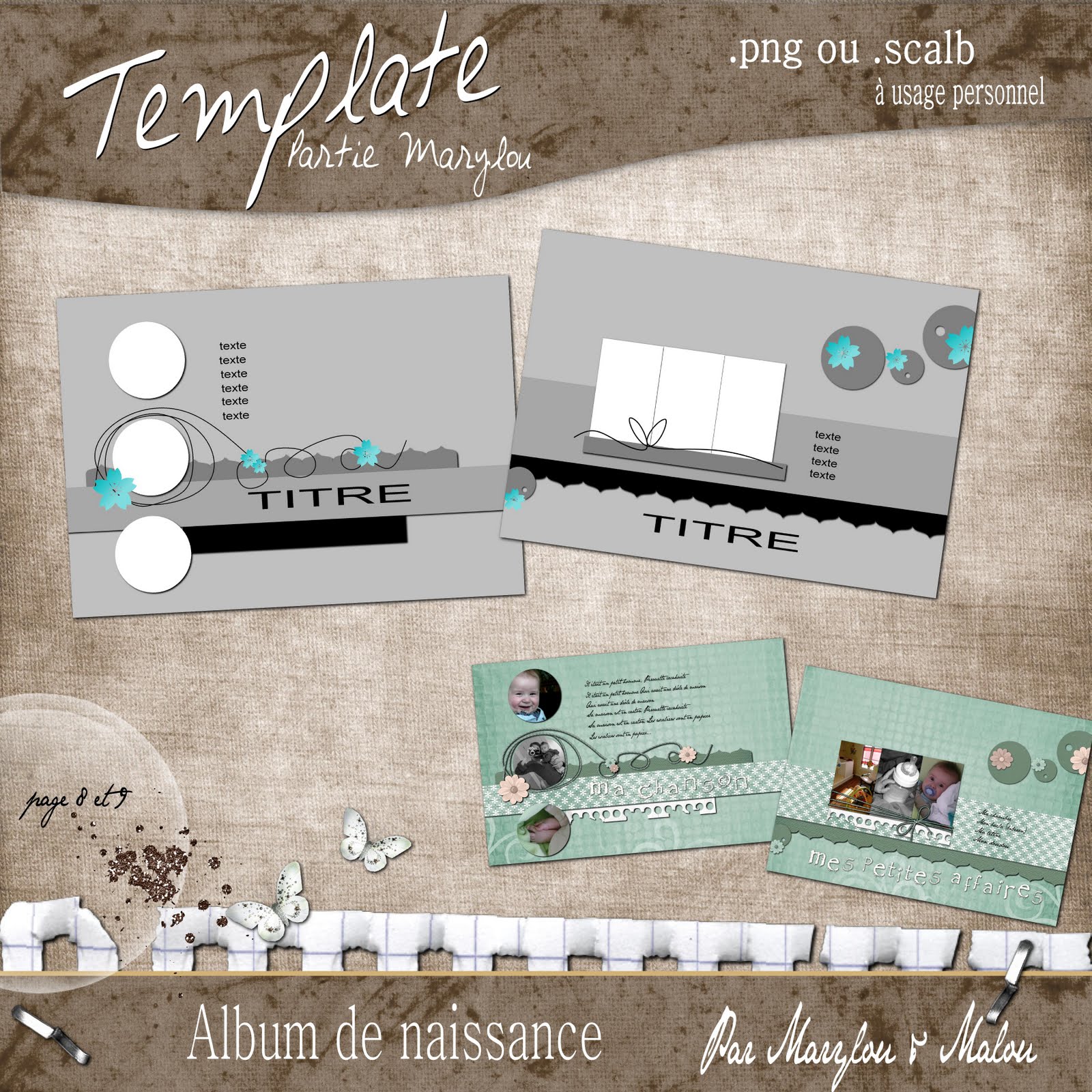 Marylou' Scrap Album naissance templates pages 8 et 9