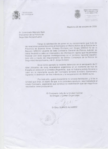 NOTA FELICITACION DEL MINISTERIO DEL INTERIOR DE ESPAÑA AL COMISARIO SANTAMARIA