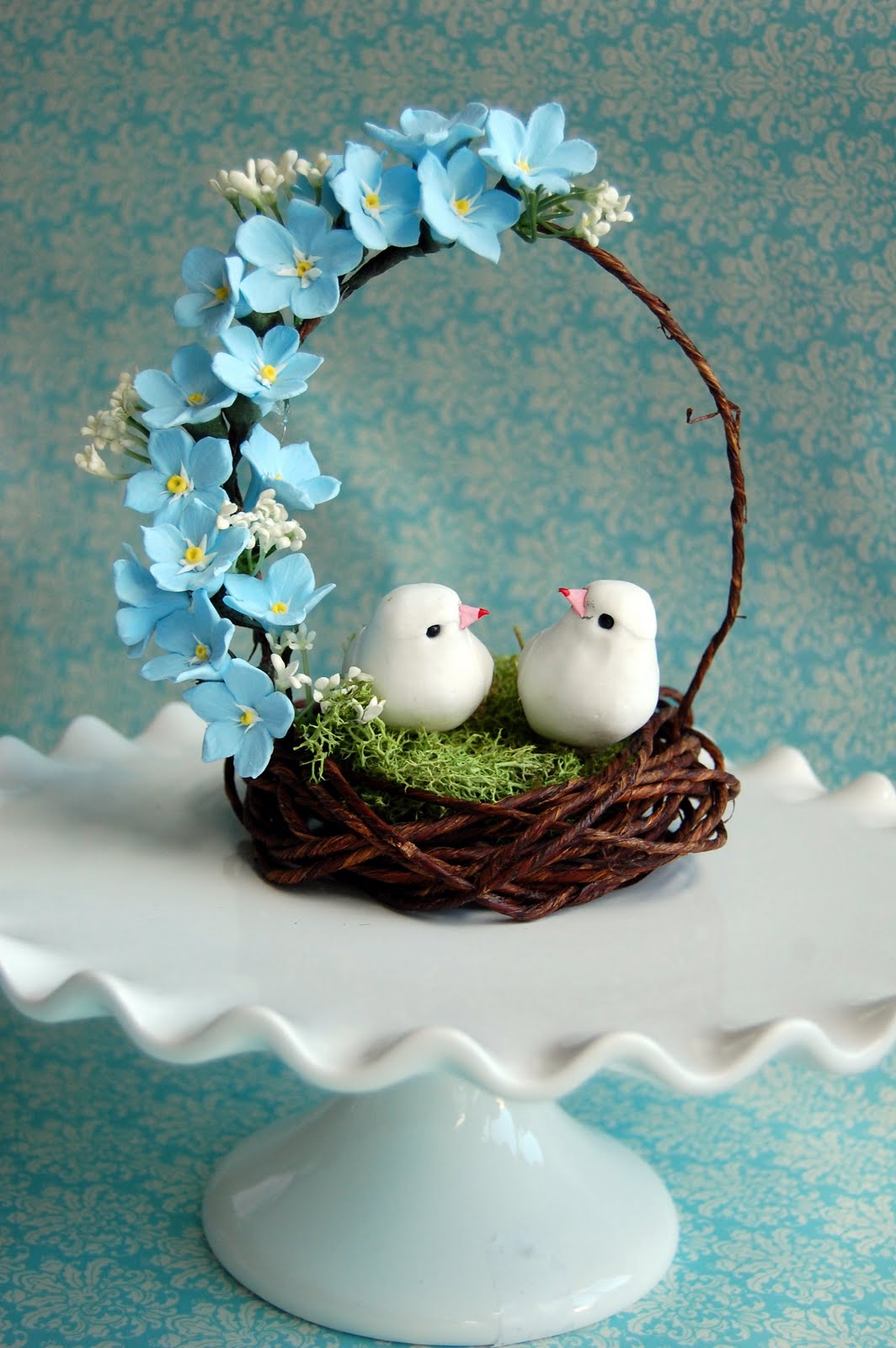 Handmade Forget me nots wedding cake topper bird nest in blue
