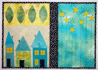 art quilt collage fabric house flower leaf