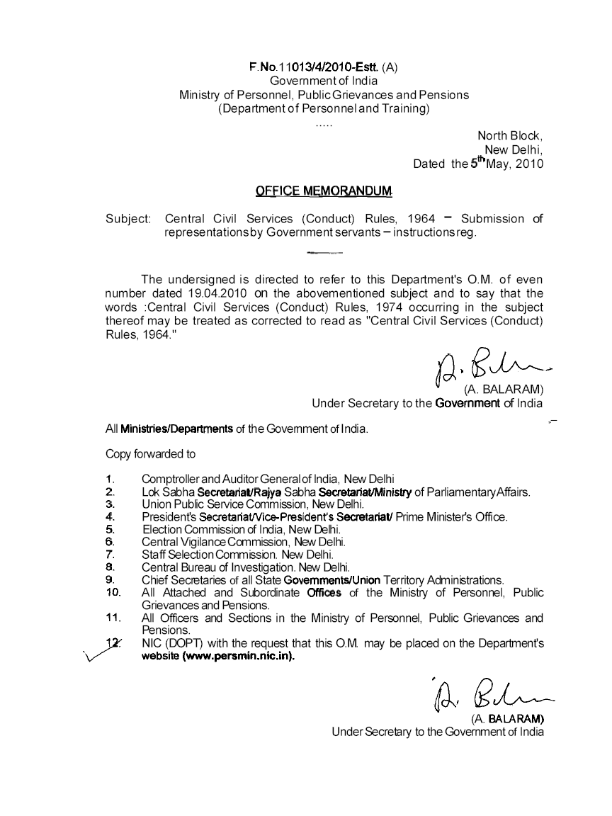 Central Civil Services Conduct Rules 1964 Submission Of