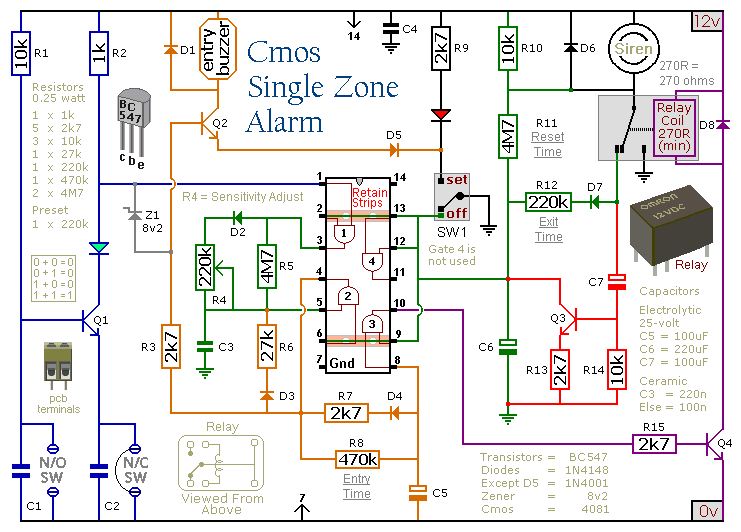 Cmos Single Zone Intruder Alarm Circuit Electronic Circuit Schematic