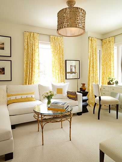 Neutral room with Sarah Richardson furniture and yellow accents