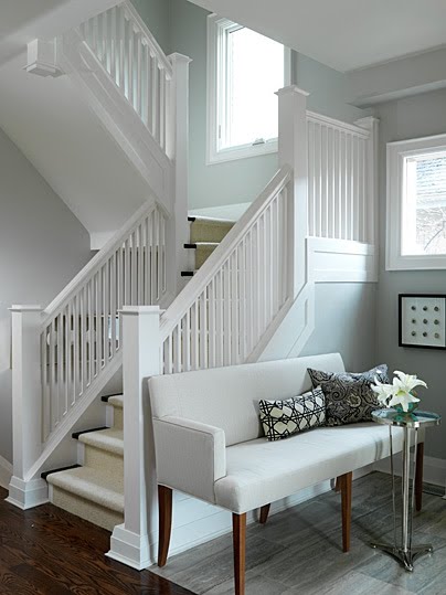 Sarah Richardson bench in beautiful entry with staircase