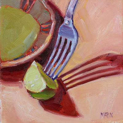 Lime & Fork: small square oil painting still life, daily art on canvas, 6 x 6