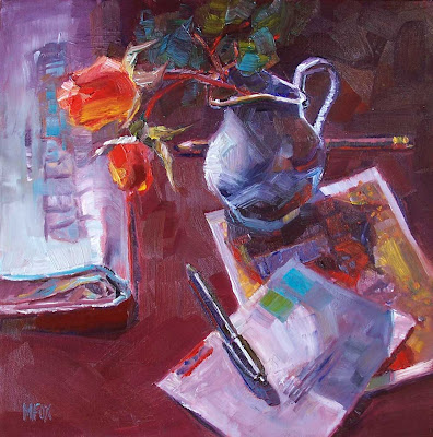 Red roses & Letters: square oil painting 12 x 12 flowers in cream pitcher, desk still life reds and blues Marie Fox