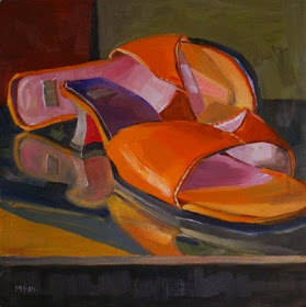 Red Shoes: still life square oil painting by daily artist, colorful Marie Fox