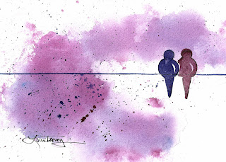 Watercolors by Laura Trevey: Love Birds on a Wire - Violet