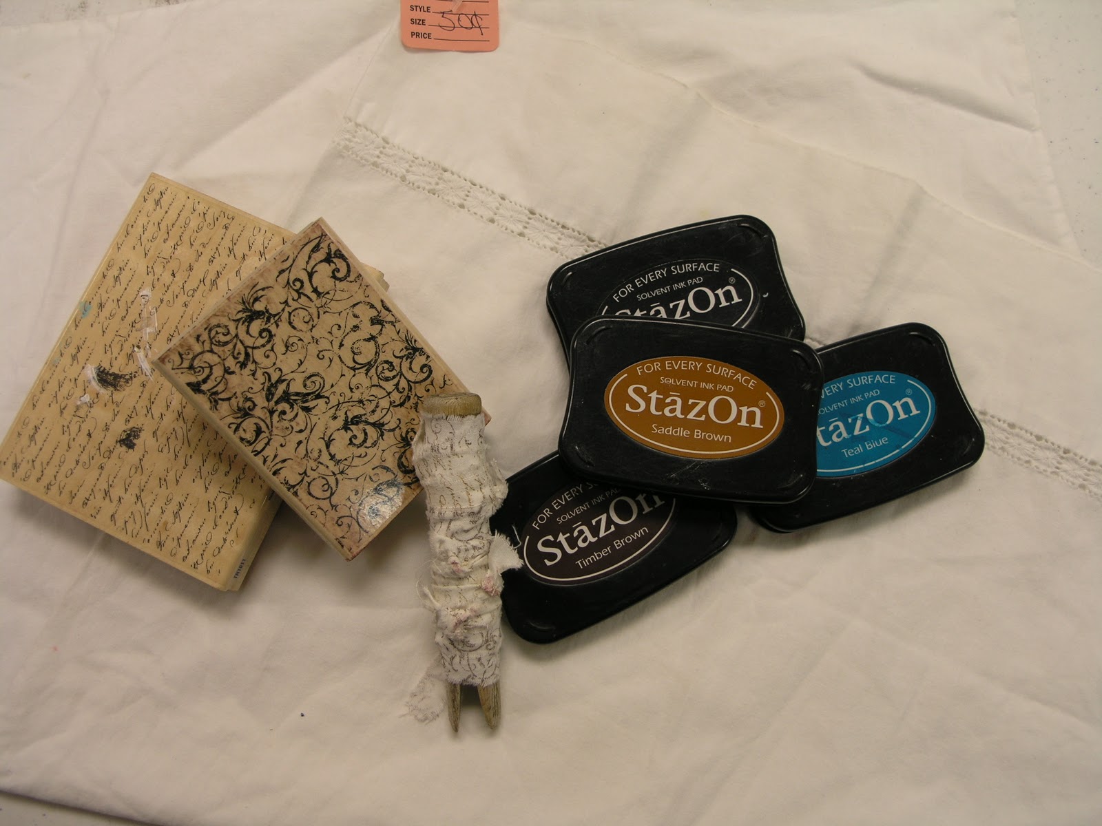 Vintiquities Tutorial Recycle old Pillowcase into Hand Stamped Ribbon