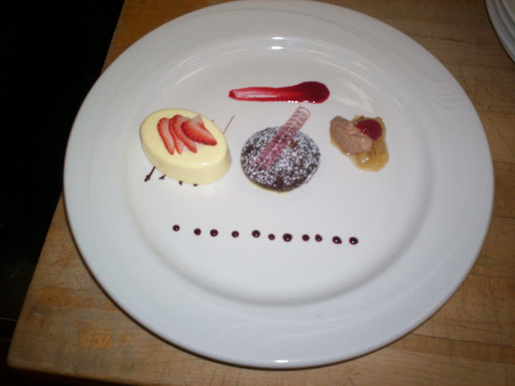 trio of cheesecake, mini dutch chocolate cake and chocolate quenelle