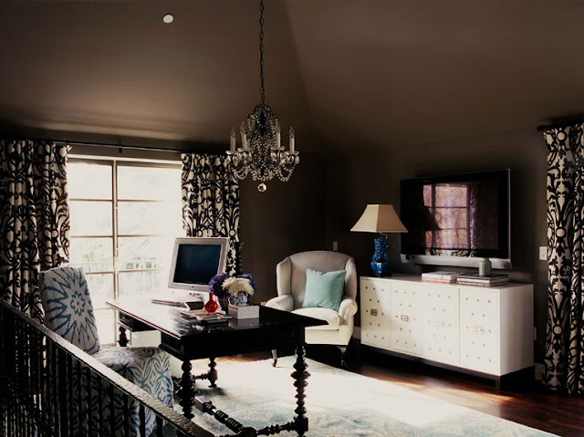 [betsy+burnham+home+office+with+chocolate+brown+walls+crystal+chandelier+white+credenza+drapes.jpg]