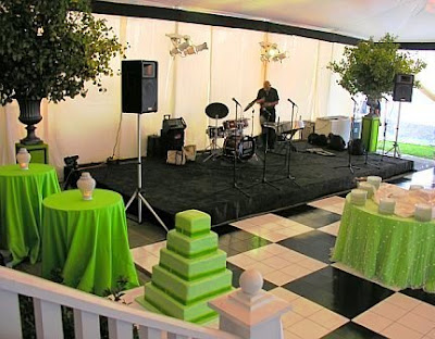 Band area featured a black and white checkered dance floor above 