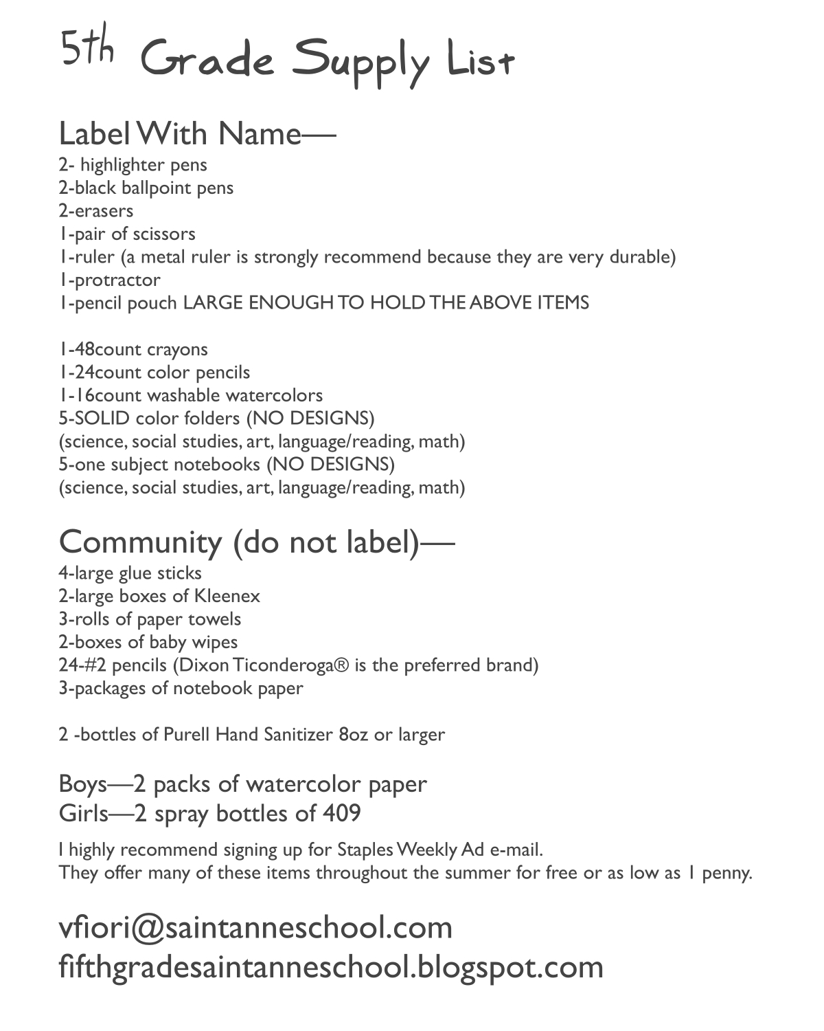 School Supply List Grade 5 School Supply List
