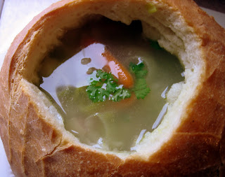 vegetable soup in sourdough bread bowl