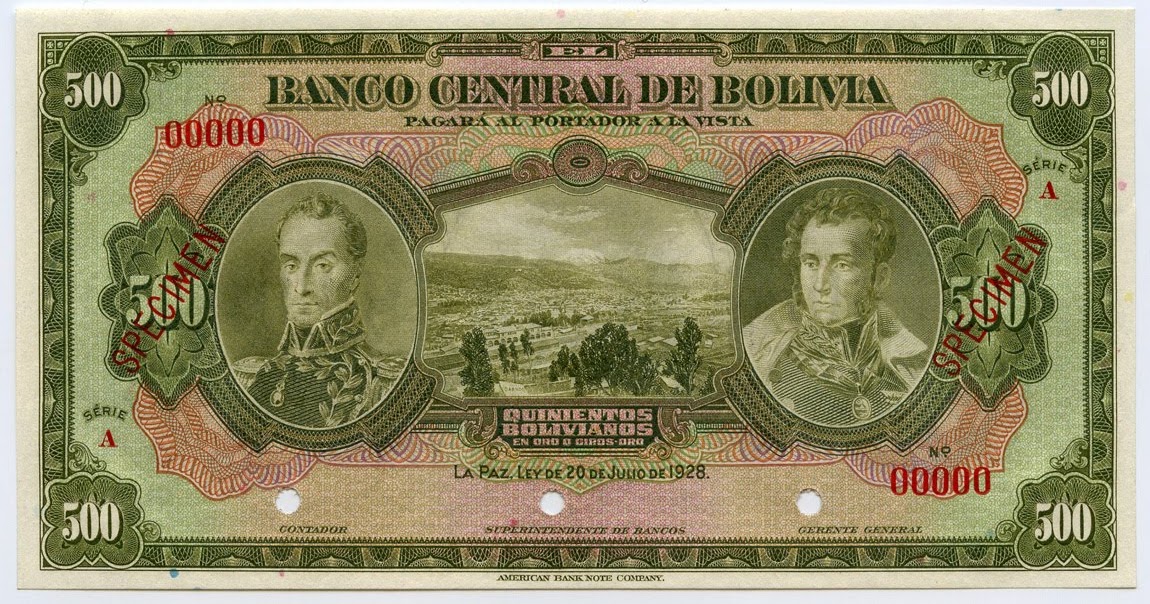 Bolivia 500 Bolivianos banknote 1928 Specimen|World Banknotes & Coins