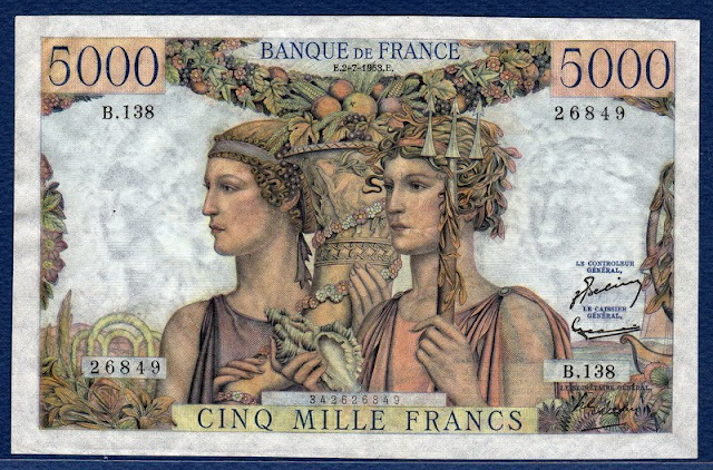 France currency banknotes values 5000 French Francs