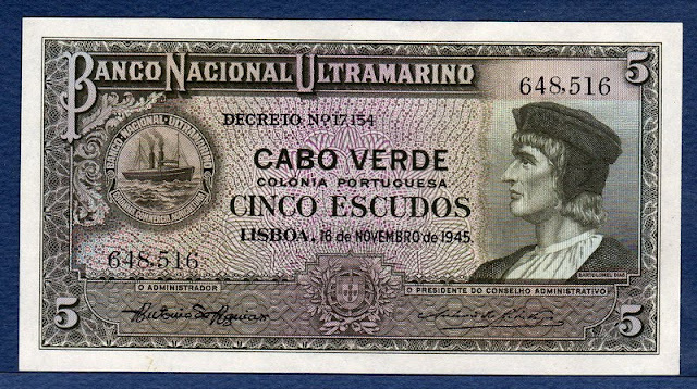 Portuguese Colonial Banknotes Cape Verde 5 Escudos Paper Money Collection