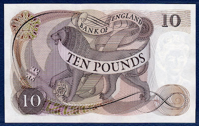 British currency 10 Pounds banknote bill, British Lion