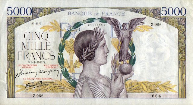 Paper Money currency France 5000 Francs banknote bill