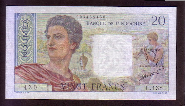 Money currency New Hebrides Noumea 20 Francs French banknotes