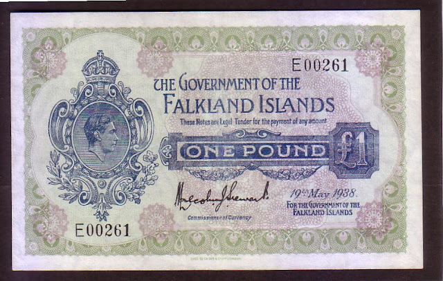 Falkland Islands banknotes paper money One Pound note Portrait of King George VI