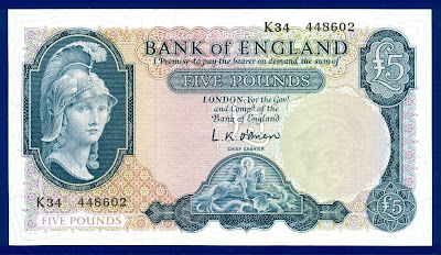 Helmeted Britannia 5 British Pounds banknote currency, Paper Money GREAT BRITAIN