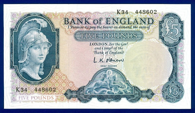 Helmeted Britannia 5 British Pounds banknote currency, Paper Money GREAT BRITAIN