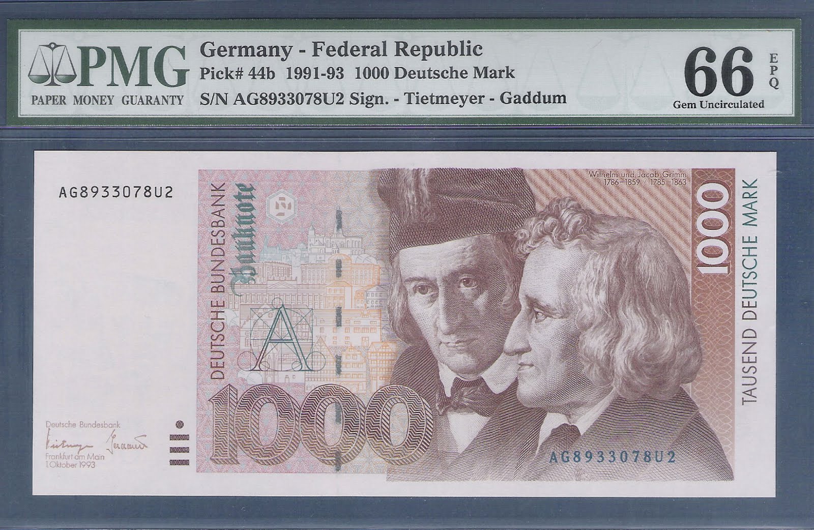 German currency 1000 DM Deutsche Mark banknote 1993 Brothers Grimm