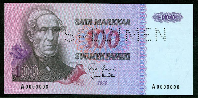 FINLAND 100 old MARKKAA SPECIMEN banknote