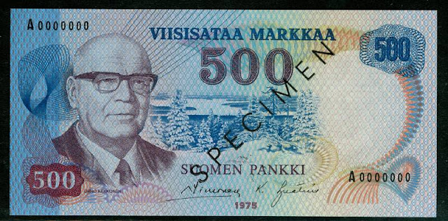 Finland 500 MARKKAA SPECIMEN banknote Vuokatti hill skiing resort