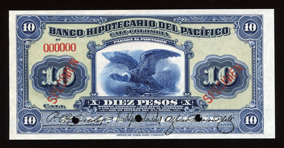 Colombia Antique Currency - Banco Hipotecario del Pacifico - 10 Peso