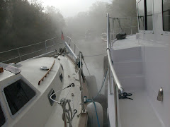 MILLENIUM SEA rafted to YA.  See the other 3 boats in the fog?  We couldn't either!  Bashi Creek
