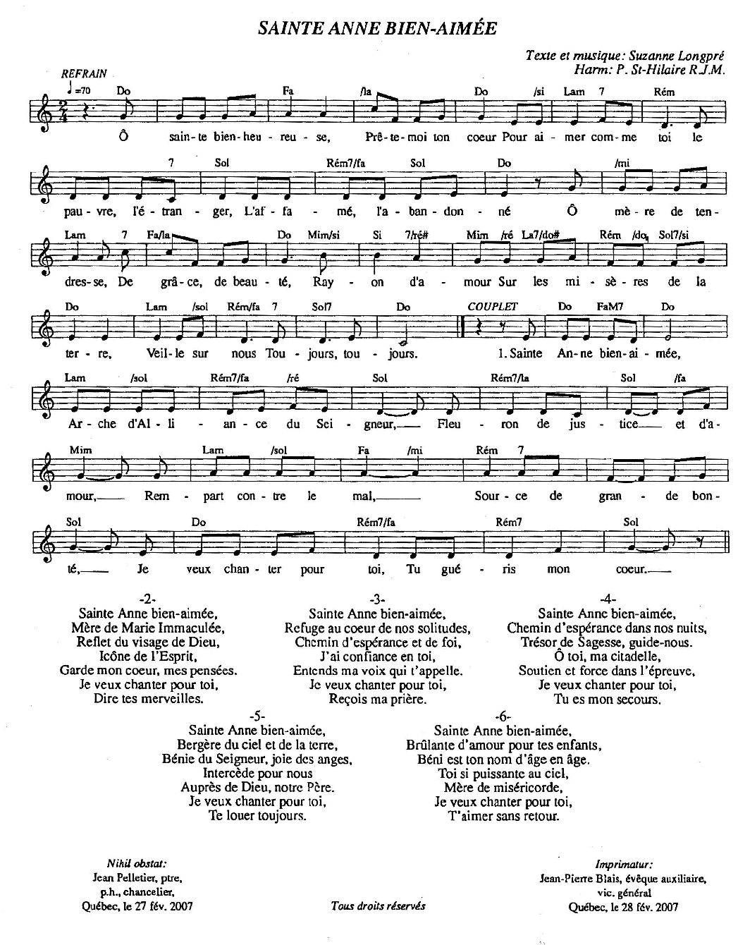 Chants religieux Sainte Anne Bien Aimé