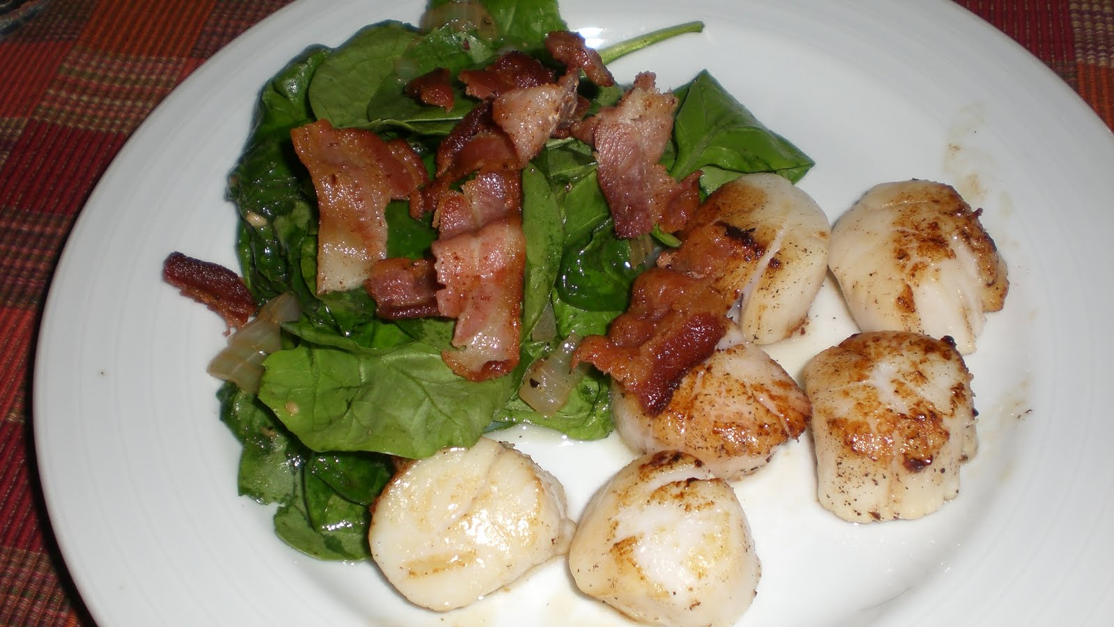 Krystin's Kreative Seared Scallops w/ Warm Spinach and Bacon Salad