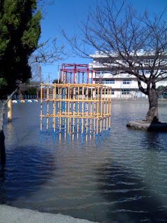 雨の影響で水浸しの小学校