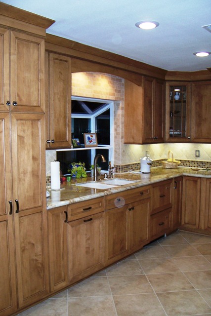 Travertine tile details around window