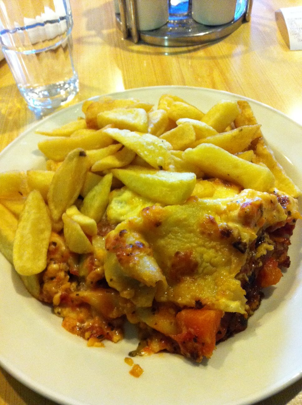What I Eat Lunch Vegetarian lasagne and chips.