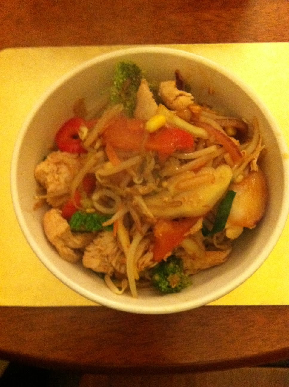 What I Eat Stir fry chicken, bean sprouts and vegetables.