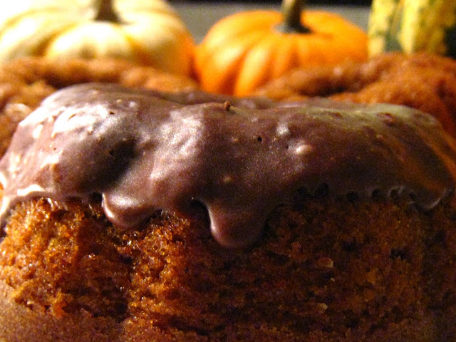 Pumpkin chocolate chip Bundt cake with chocolate crackle glaze