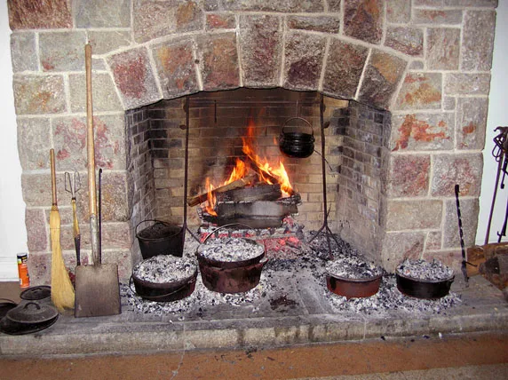 18th-century hearth with cooking pots