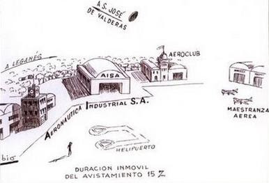 Dibujo realizado por el testigo Manuel Rubio, en el que sitúa la posición y dirección del Ovni sobre el complejo industrial, cercano a Valderas, en donde trabajaba
